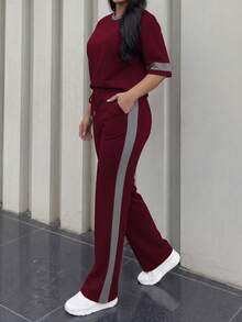 Conjunto de 2 piezas para mujer de primavera/verano, top de manga corta de cuello redondo y contraste de color casual y versátil, y pantalones rectos de cintura alta con cordón, elegante - Borgoña + Gris - Ver 4