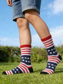 1/6 双装男士中筒袜，美国独立日旗帜条纹运动休闲袜，薄款，时尚，街头风，百搭袜子 - 彩色 - 查看 2