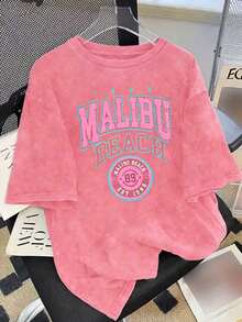 Plus-Size Elegant Letter-Printed T-Shirt. Vintage Washed T-Shirt. Easily Create A Casual Look. Suitable For Daily Commuting, Casual Outings, And Everyday Wear. Classic Retro-Style Women's Anti-Wrinkle Washed Cotton T-Shirt - 粉色 - 查看 7