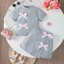 Girls Summer Fashion Bow Decor Suit, Round Neck Short Sleeve Top + Asymmetric Hem Skirt, Casual Outdoor T-Shirt Set Suitable For 4-7 Years Old Girls, Daily, Outdoor, Street, Campus & Party Wear - Grey - View 13