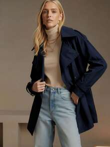Chaqueta de mujer para otoño/invierno, con bolsillos con cordón prácticos, adecuada para el clima frío y los desplazamientos urbanos en primavera - Azul oscuro - Ver 4