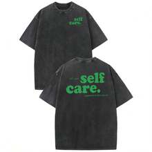 [Graphic Tee] 100% Cotton Washed Tee With "Self Care." Slogan, EST. 2009 & Mac Miller "SWIMMING" Detail, Spring Tops,  Summer Camisas, Autumn Short Sleeves Camiseta, S-5XL Wash T-Shirt For All Body Types, Perfect For Dates, Outdoor Activities And Casual Wear - 黑色 - 查看 1