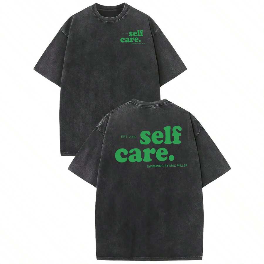 [Graphic Tee] 100% Cotton Washed Tee With "Self Care." Slogan, EST. 2009 & Mac Miller "SWIMMING" Detail, Spring Tops,  Summer Camisas, Autumn Short Sleeves Camiseta, S-5XL Wash T-Shirt For All Body Types, Perfect For Dates, Outdoor Activities And Casual Wear - 黑色 - 查看 1
