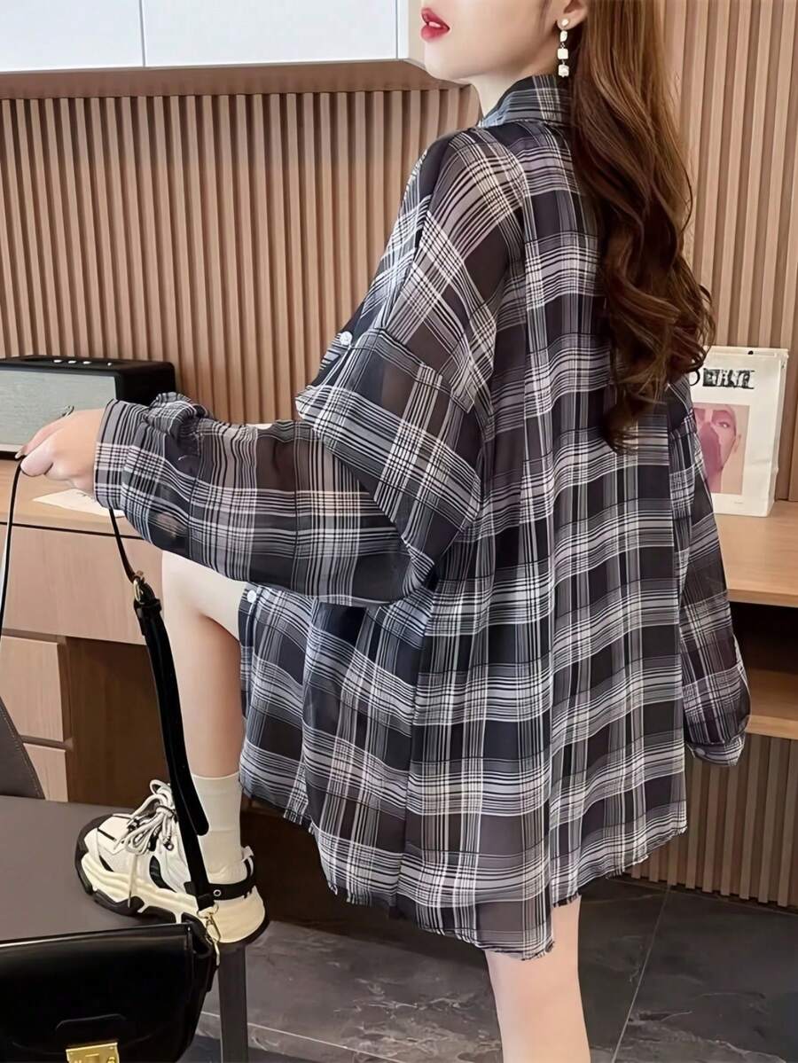 女士格子长袖轻薄宽松休闲防晒衬衫,夏季黑色 - 黑色 - 查看 1