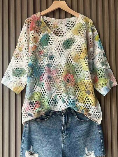 Women's Floral Print Hollow-Out Knit Top, Suitable For Vacation In Spring/Summer