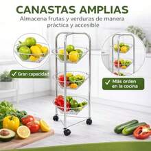 Frutero Organizador de 3 Niveles con Ruedas Canastas Metálicas de Alambre Estructura Cromada Plateada Carrito de Cocina para Frutas y Verduras  855594 - como en la foto - Ver 3