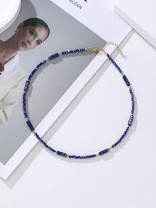 1 chiếc vòng cổ đá Lapis Lazuli hiệu National Elegance dành cho nữ, kiểu dáng choker đính hạt pha lê, đa năng và có thể đeo nhiều lớp, là món quà trang sức lý tưởng để đeo hàng ngày. - vòng cổ - Xem 3