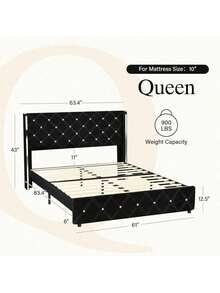 Twin/ Full/ Queen/ King Size Bed Frame, Upholstered Bed Frame With Diamond Headboard And Footboard, No Box Spring Needed With Wood Slat Support, Easy Assembly, Twin Bed Frame/  Full Bed Frame/ King Bed Frame, Black/ Pink/ White/ Purple/ Blue/ Green - 深黑 - 查看 8