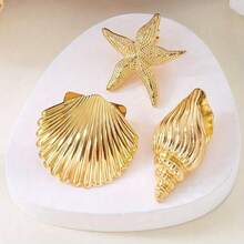 Golden Starfish Hair Clips | Mermaid Shell Metal Hairpins | Seashell Theme Beach Party Alligator Clips | Wedding Starfish Hair Accessories | Women's And ' Hair Accessories 3pcs Set - 1 Starfish + 1 Conch Shell + 1 Seashell - View 3