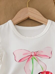 Set de 2 piezas: Camiseta de manga de volantes con estampado de cerezas + Pantalones cortos con lazo rosa para niñas pequeñas, estilo coreano dulce y fresco, cómodo para uso diario casual/al aire libre - Rosa - Ver 4