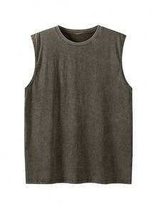 Men's Vintage Washed Tank Top Oversized Crewneck Sleeveless Casual Streetwear Soft Breathable Spring Summer Fall Gym Tee - 軍綠色 - 查看 3