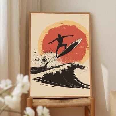 Tranh canvas treo tường hình bóng người lướt sóng cổ điển, phong cách retro, hoàng hôn ven biển, trang trí bãi biển, hình ảnh ván lướt sóng tối giản, đại dương, thích hợp cho phòng ngủ, nhà ven biển, quà tặng cho người yêu thích lướt sóng (không khung).