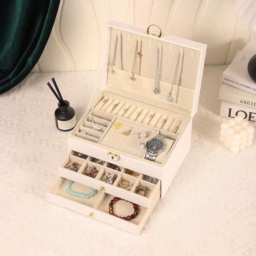 Um organizador de joias de couro PU de grande capacidade e três camadas com trava. Este organizador multifuncional pode acomodar brincos, anéis, relógios, colares e pulseiras. Ele possui grande capacidade, forro aveludado para proteção contra oxidação e é um ótimo presente para mulheres. - multicolorido - Visão 1
