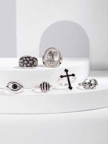 imoli Bộ 6 chiếc nhẫn hình đầu lâu mắt quỷ phong cách Goth Punk bằng hợp kim kẽm, thiết kế độc đáo, phù hợp cho phụ nữ đeo hàng ngày. - 26190-bạc - Xem 6