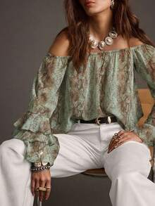 Blusa con estampado de piel de serpiente vintage, hombros descubiertos, mangas con volantes en capas, de tela de poliéster, bajo con volantes, adecuada para vacaciones de primavera y otoño - Verde claro - Ver 4