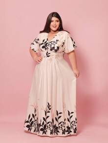 Women's Long Printed Dress With Hem, Viscose Linen Twill, Short Sleeves, Front Gathering, Elastic Back, Elegant - 錦緞條紋 - 查看 2