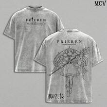 Frieren Tee Washed – Frieren Beyond Journey's End Vintage Washed Heavy Cotton Oversized Anime Manga-Shirt, Double Printed Retro Unisex Streetwear Graphic Top, Fantasy Healing Journey Edition, Japanese Anime Merch - 灰色 - 查看 1
