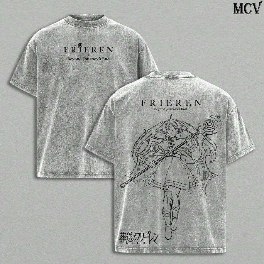 Frieren Tee Washed – Frieren Beyond Journey's End Vintage Washed Heavy Cotton Oversized Anime Manga-Shirt, Double Printed Retro Unisex Streetwear Graphic Top, Fantasy Healing Journey Edition, Japanese Anime Merch - 灰色 - 查看 1
