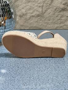 Sepatu Kasual Wanita Bertali Platform Tali Linen, Sandal Anyaman Jerami Bertumit Tinggi Berongga Berpori dengan Ujung Bulat dan Hak Wedges yang Bernapas, Sandal Nelayan Serbaguna untuk Pantai & Pesta, Musim Semi/Panas - Aprikot - View 6