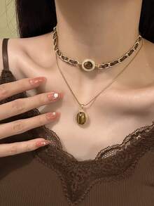 2pcs Vintage Malachite Heart & Tiger Eye Stone Tassel Necklace, Simple Sweater Chain Accessory For Women - màu nâu - Xem 5