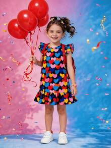 Girls' Rainbow Heart Print Dress, Cap Sleeve A-Line Doll Dress With Ruffle Hem, Sweet Princess Style Casual Vacation Cute Versatile - Black - View 4