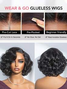 优雅层次感波波头无胶假发，巴西雷米真人发，透明4x4蕾丝无胶假发，180%密度，巴西自然波浪卷发，通用尺寸，#4巧克力棕色，即戴即用，无胶波波头假发 - S4 - 查看 9