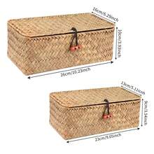 Cesta de estante de almacenamiento con tapa, organizador de maquillaje tejido de ratán de algas marinas hecho a mano, contenedor multiusos, caja Natural para - S-L 2 piezas - Ver 12