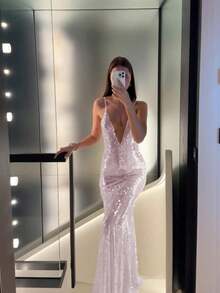 優雅浪漫女款亮片細肩帶洋裝，適合派對、海灘、晚間約會、週年紀念、雞尾酒會、正式晚餐、婚禮賓客，秋季穿搭 - 淺粉色 - 查看 7