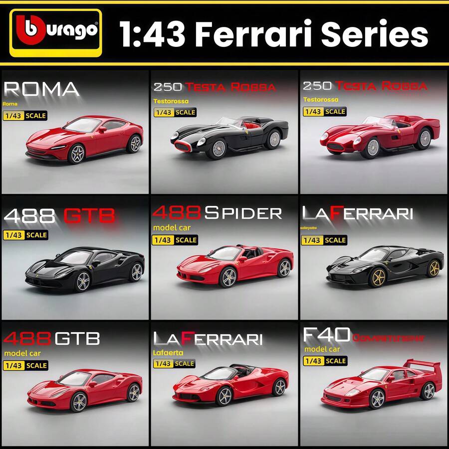 Burago 1:43 比例法拉利地球系列，Enzo、458、488、F40、Roma、250 Testa Rossa、Purosangue、SP1、Portofino 合金压铸赛车模型静态微缩车玩具收藏品男士礼物 - 彩色 - 查看 1