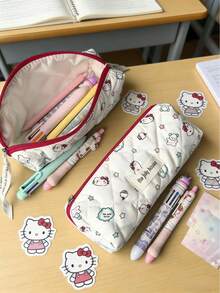 SANRIO Túi đựng mỹ phẩm in hình mèo mềm mại và dễ thương, dung tích lớn, túi đựng đồ trang điểm di động tiện dụng. - Hộp bút in hình mèo - Xem 4
