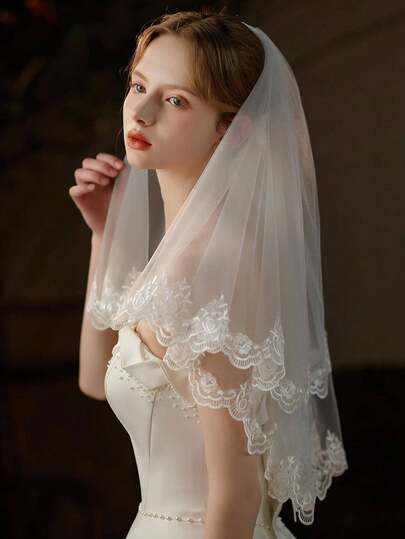 1 pieza Velo de novia con detalle de bordado, Día de San Valentín, Vestido de novia, Ropa de otoño para mujeres