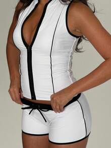 DOUCIU 2pcs Set: Colorblock Zip-Up Vest + Drawstring Waist Slim Shorts, Casual Street Style - White - View 7