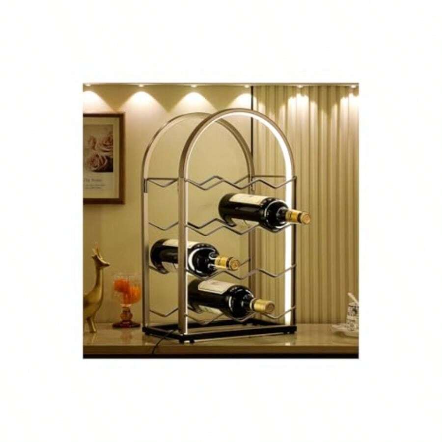 Estante de vino LED para encimera 12 botellas estante de vino de metal soporte de mesa para gabinete despensa almacenamiento de botellas de vino  855595 - 12 botellas con luz LED - Ver 1
