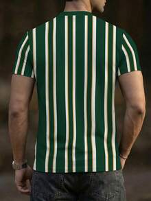 Áo thun Henley nam màu xanh lá cây kẻ sọc dọc - Áo tay ngắn kiểu dáng thường ngày - Màu xanh lá cây đậm - Xem 2