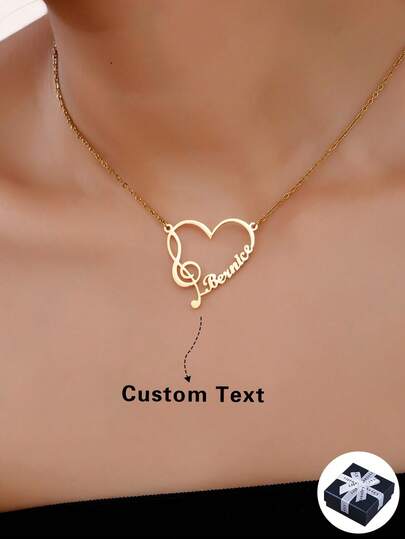 Dây chuyền mặt dây chuyền hình trái tim nốt nhạc tối giản, khắc tên, bằng thép không gỉ mạ vàng, chữ cái tiếng Anh tùy chỉnh, thích hợp làm quà tặng Ngày Valentine, Giáng sinh, Halloween, Kỷ niệm, Quà tặng cho các cặp đôi, Gia đình, Bạn bè, Mẹ, Năm mới sang trọng.