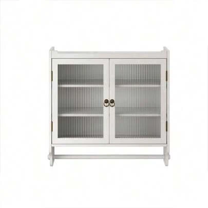 Armário de parede vintage com portas de vidro (63 cm), três prateleiras e suporte para toalhas, para banheiro, cozinha e sala de jantar.