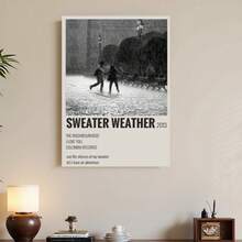 Enmarcado Póster en lienzo de escena urbana lluviosa de la vecindad "Sweater Weather" plano 2D, 1 pieza, 12.0X18.0 pulgadas,  monocromático con una silueta de pareja romántica, decoración de paisaje urbano  de calidad para sala de estar, dormitorio - Enmarcado - Ver 2