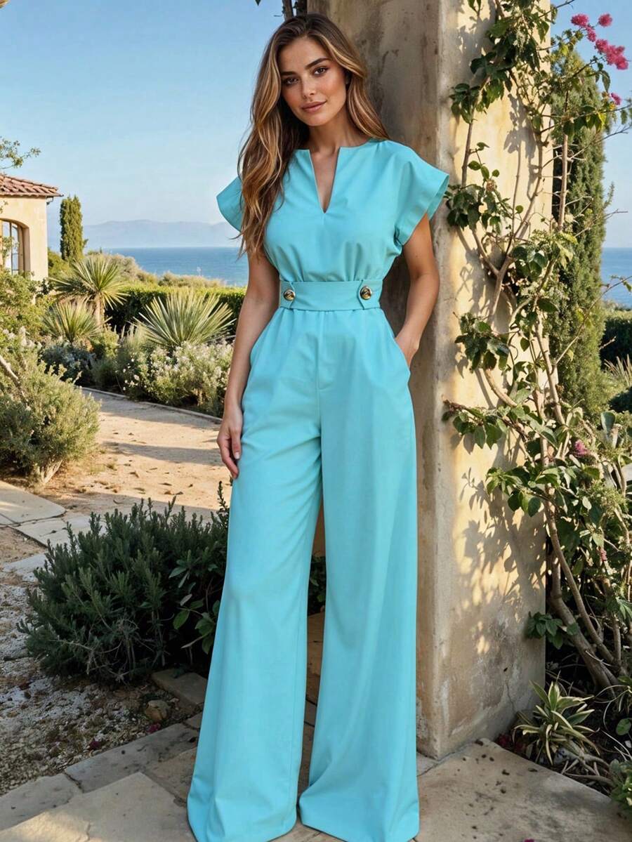 Mono De Pierna Ancha Escote Con Abertura V Con Cinturón Ajustable Para Dama