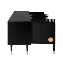 TV-Schrank, TV-Möbel mit Gitterstruktur, versteckten Griffen, Golddekor. Wohnzimmermöbel. Zwei Turen aus Massivholz - nero - Visualizzare 8