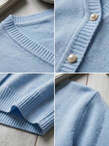 Women's Premium Knit Cardigan, Winter Coat, Pearl Buttons, V-Neck, Elegant - Black - View 2
