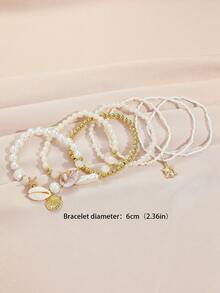 Bộ 7 vòng tay xếp lớp bằng vỏ sò, ngọc trai và hạt cườm, thiết kế phong cách Boho có thể xếp chồng lên nhau, thích hợp cho nữ, đi biển, nghỉ mát, họa tiết vỏ sò ngẫu nhiên, ý tưởng quà tặng tuyệt vời (Số lượng hạt cườm không cố định theo chiều dài). - bộ vòng tay - Xem 6