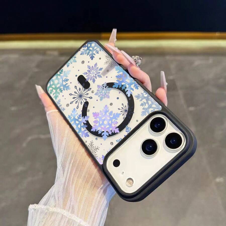 Phone Case - Magnetic Case With A Glittery Snowflake Design, Designed For Various Models, Including The Latest Pro And Plus Versions. This Full-Coverage Protective Case With A Cartoon Design Is Both Practical And Stylish. - Black - View 1