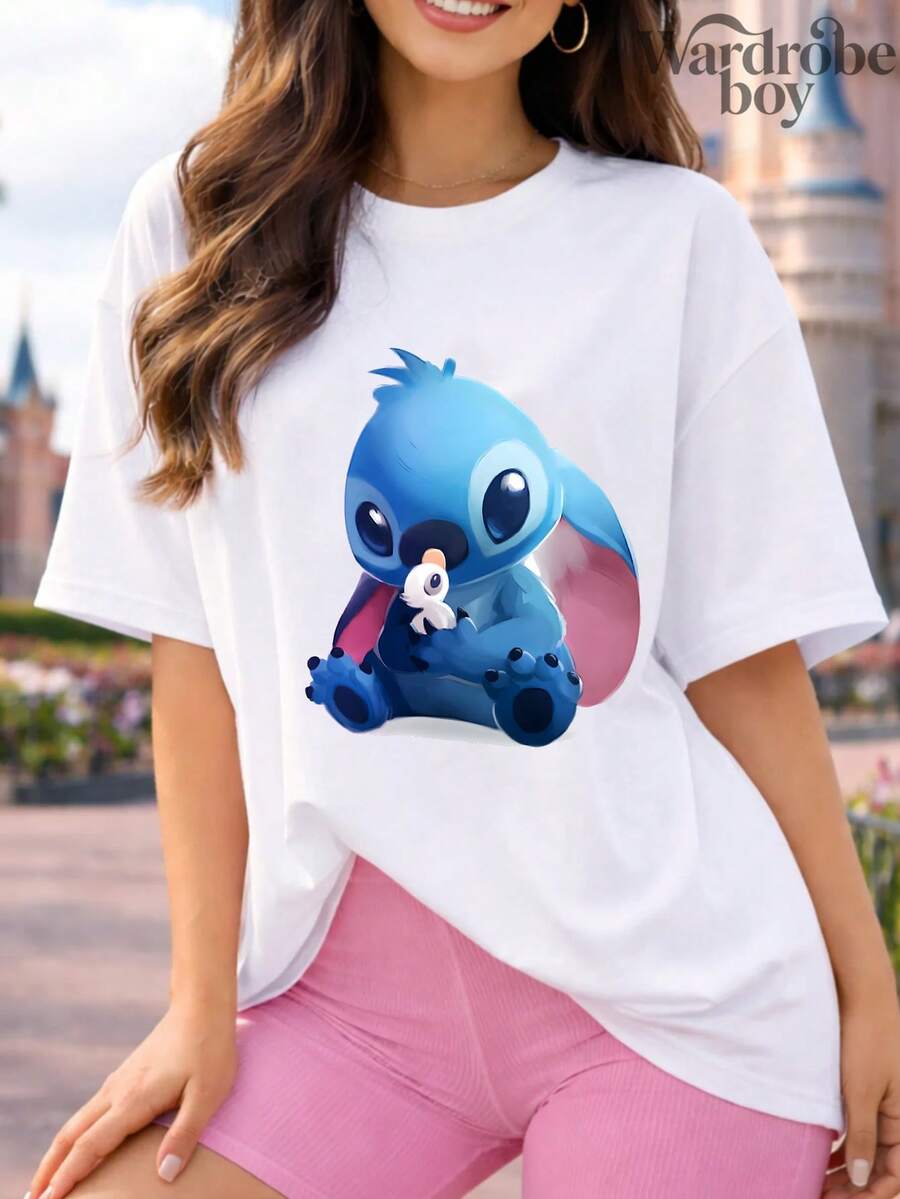 Disney Authorized Short Sleeved Printed T-Shirt, Stitch Printed T-Shirt,Graphic Tees, Cotton Graphic Tees,Funny Graphic Tees,Suitable For Family Travel And Vacation. Mother's Day T-Shirt, Suitable For Both Men And Women. Cotton T-Shirt, Comfortable And Breathable. - 白色的- - 查看 1