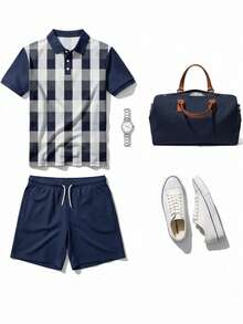 Men's Plaid Print Short Sleeve Polo Shirt And Shorts Set - Blue - View 4