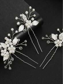 3件套精美手工合金叶子珍珠新娘发夹，适合婚礼佩戴 - 銀色 - 查看 2