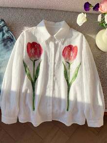 Women's Casual Basic Tulip Pattern Loose Long Sleeve Button-Up Blouse Shirt, Suitable For Daily Office Wear, Spring And Summer - White - View 5