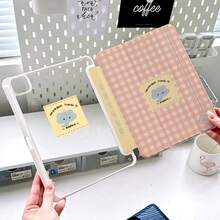 1个可爱粉色格子大象图案可折叠平面保护套，多角度支架，透明亚克力背板，气囊防摔软边，自动休眠/唤醒，适用于iPad 10代/Air 4/5/Pro 11英寸/9/8/7代，少女风平板电脑保护套 - 彩色 - 查看 2