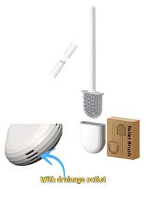 1set Upgraded Design Toilet Brush And Holder, White Plastic Material, Round Handle, Wall-Mounted Silicon Toilet Brush With Drip-Proof Stand Bathroom Bathroom Accessories Bathroom Tools - White - View 13
