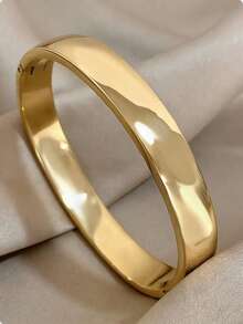 Women's 18K Gold Plated Stainless Steel Bracelet, Fashion Light Luxury Simple Basic Bracelet, Waterproof Jewelry. Elegant Stainless Steel Wide Bangle, Vintage Style, Suitable For Daily And Party Wear, Ideal Holiday Gift For Girlfriend Or Best Friend - Multicolor - View 8
