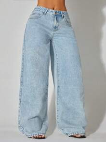 Jeans casuales de mujer de cintura baja, pierna ancha, con bolsillos laterales curvos, azules, ropa de otoño y primavera - Lavado ligero - Ver 6